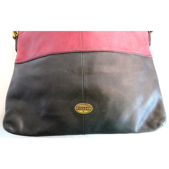 Vtg. FOSSIL Explorer Leather Tote Crossbody Shoulder Bag Black/Mauve - Picture 5 of 11